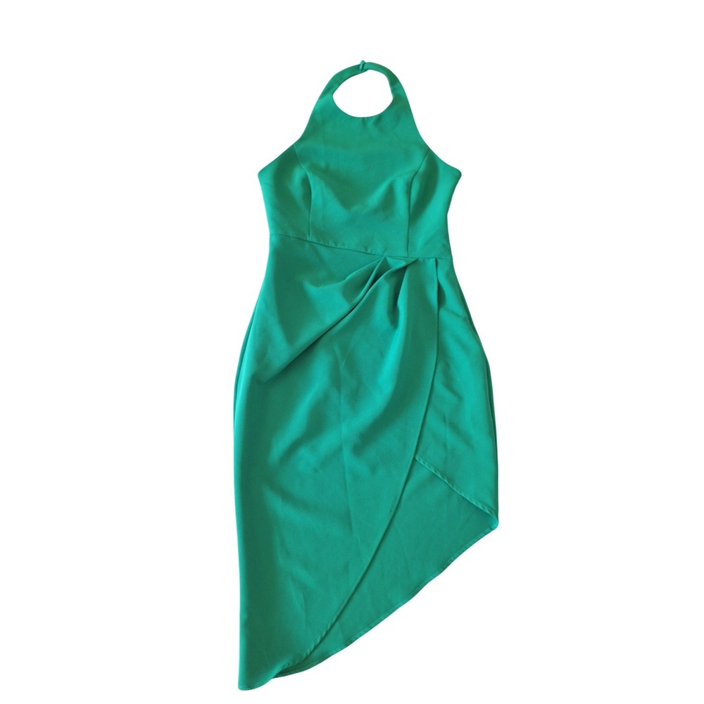 Jewel Badgley Mischka Emerald Green Halter Asymmetrical Wrap Dress Size 8‎